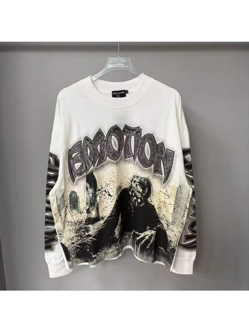 High Quality Designer MIXED-EMOTION Long sleeved T-shirt 100% cotton men's and women's Vintage Printed High Street Trendy Fashion Hip Hop T-shirt hoodie sweatshirt Pullover image 8