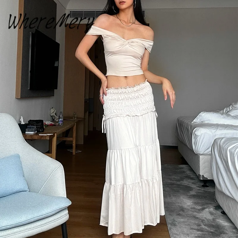 WhereMery Elegant Slash-neck Knit Twist T-Shirt With Vintage Slim Ruffle Cake Skirts French Temperament Gentle Women 2 Piece Set