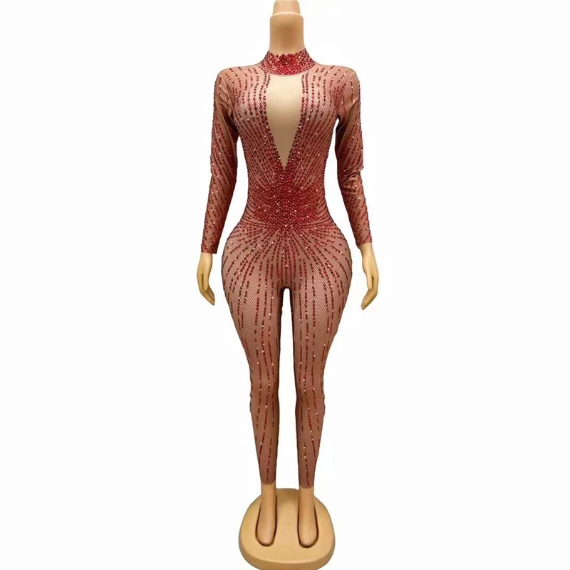 Combinaison à Manches sulfavec Strass Rouges pour Femme, Tenue de brevJazz, Bar, Discothèque, Dj Ds, Costumes Tricotés, Vêtements de Rave de Scène, XS7703