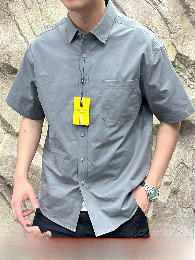 

Waed Cotton ort Sve irt Loose Fit Breathable Outdoor Men's Summer Line Stand Edition Lightweight Pure Color