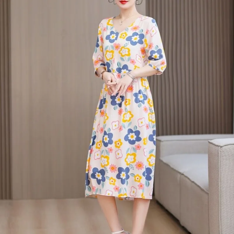 

Women's Pullover Round Neck Short Sleeve Plant&Flowers Printing Colorful Casual Loose Ankle Skirts All-match Fashionable Dresses