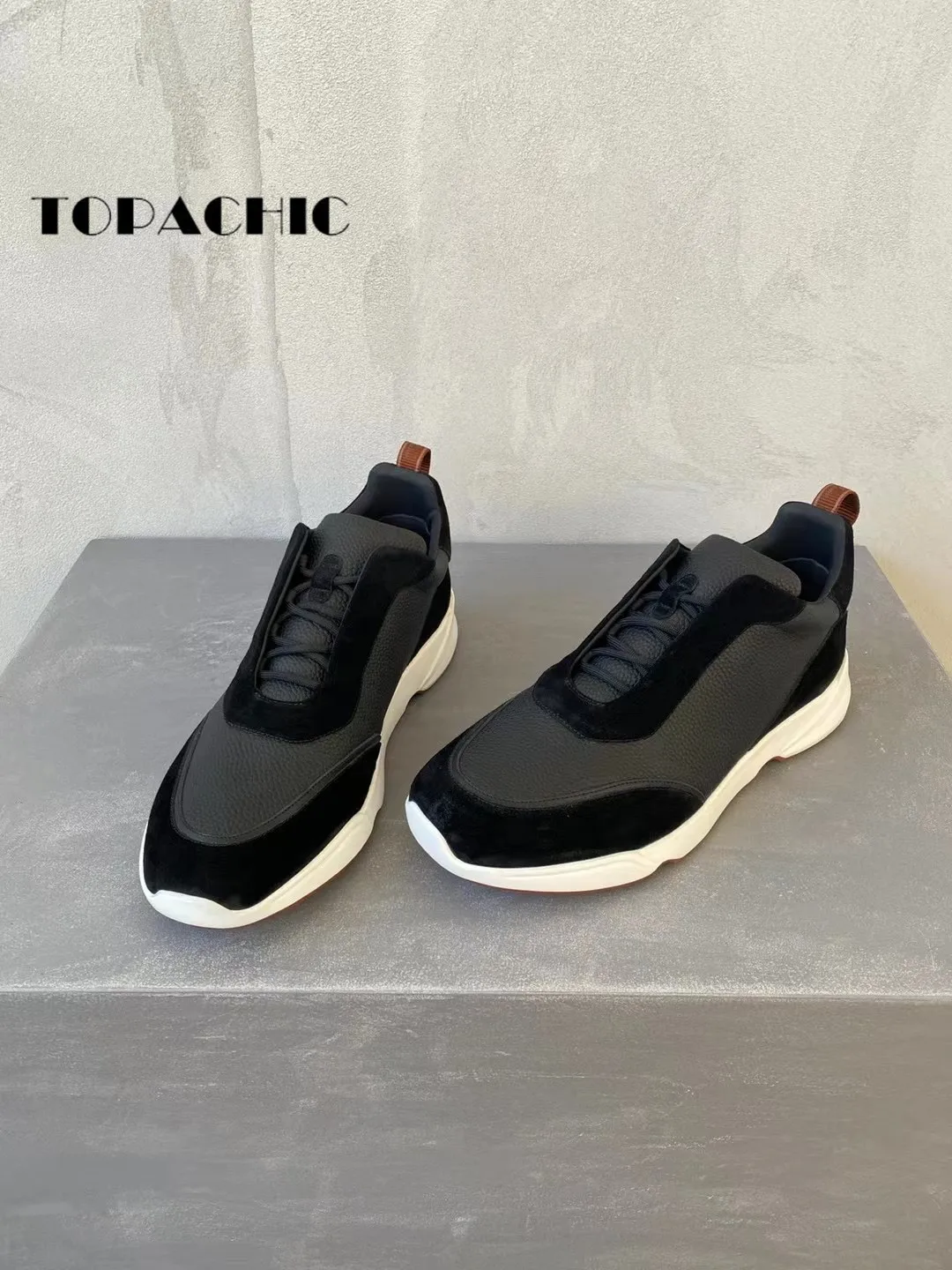 9.11 TOPACHIC Men Fashion New Sneakers Cowhide Spliced Lace-up Round Top Thick Sole Hard-Wearing Casual Shoes