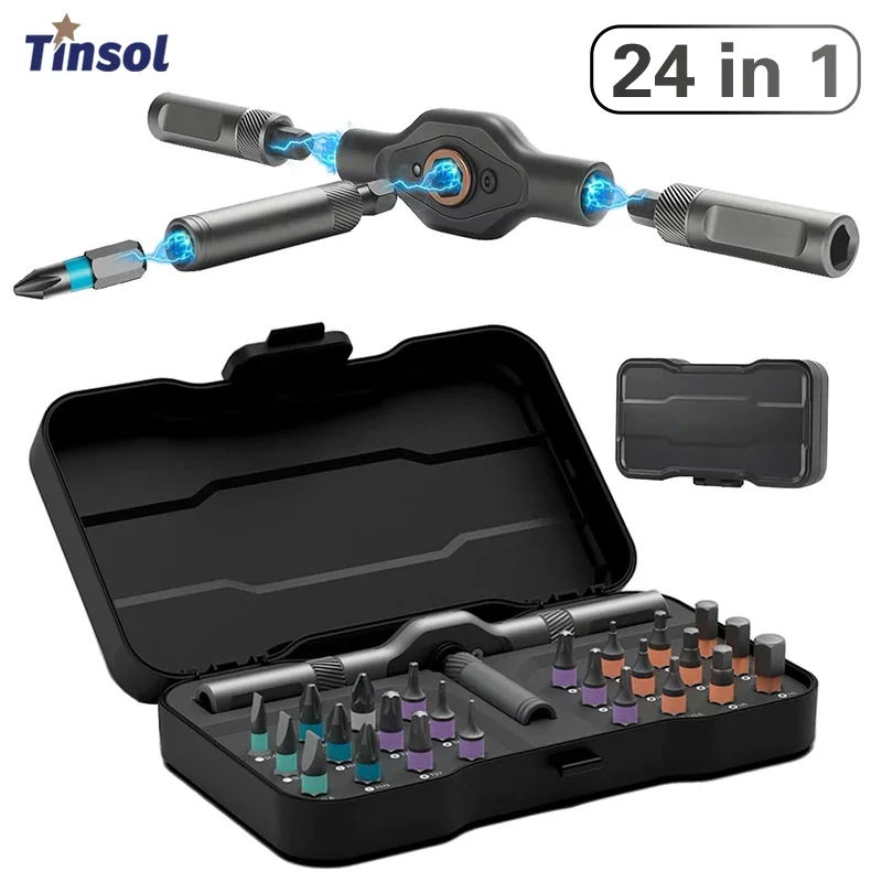 TINSOL 24-in-1 مجموعة مفكات براغي بسقاطة متعددة الوظائف مع لقم مفك مغناطيسي أداة إصلاح صغيرة مع مقبض T قابل للفصل