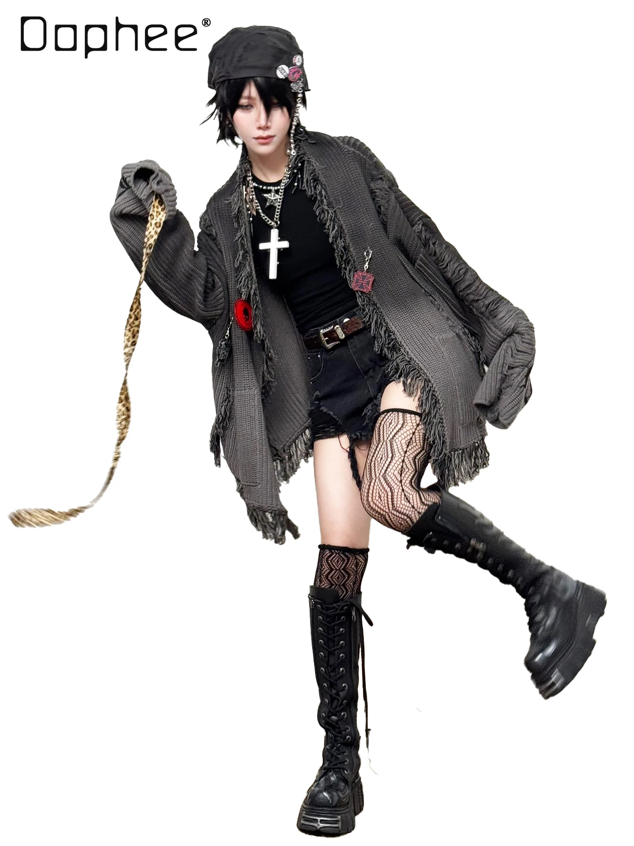 

Subculture Gothic Style Ripped Knitted Cardigan High Street Heavy Craft Punk Gradient Color Printed Oversized Cardigan for Women