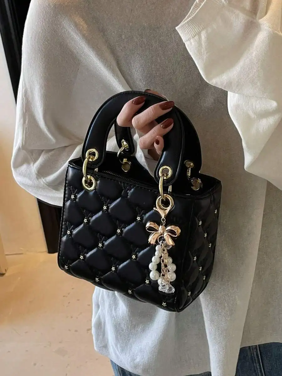 

Solid Color Minimalist PU Square Bag Bow Pearl Charm Women Dating Shopping Handbag