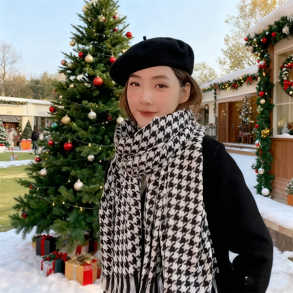 190 * 65Cm Winter Warm Couple Style Knitted Plaid Scarf Korean Version Fringed Contrasting Scarf Women's Versatile Scarf Shawl