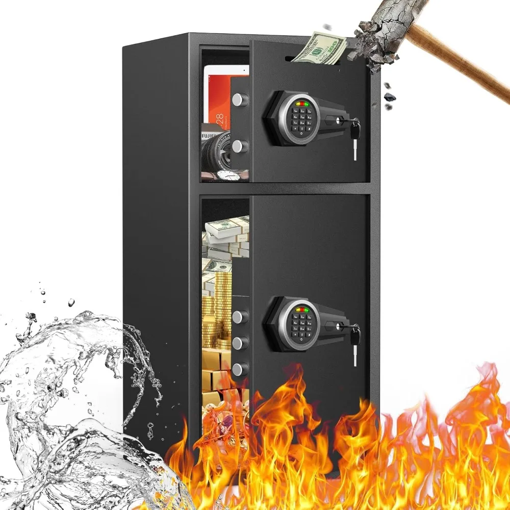 7 Cubic Feet Large Double Door Security Safe - Fireproof and Waterproof with LED Lighting and Dual Alarm System for Home Use