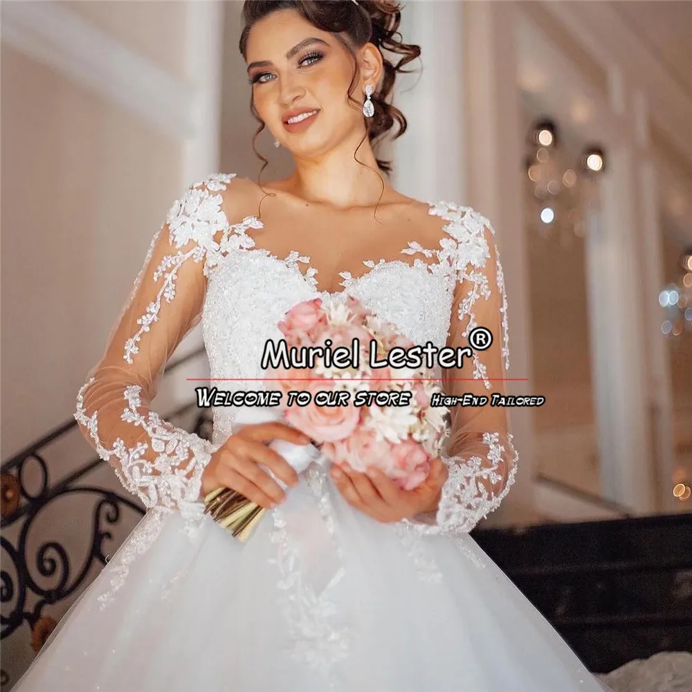 White Princess Ball Gown Wedding Dress With Nude Tulle Long Sleeves Appliques Bridal Gowns Custom Women Formal Party Clothing