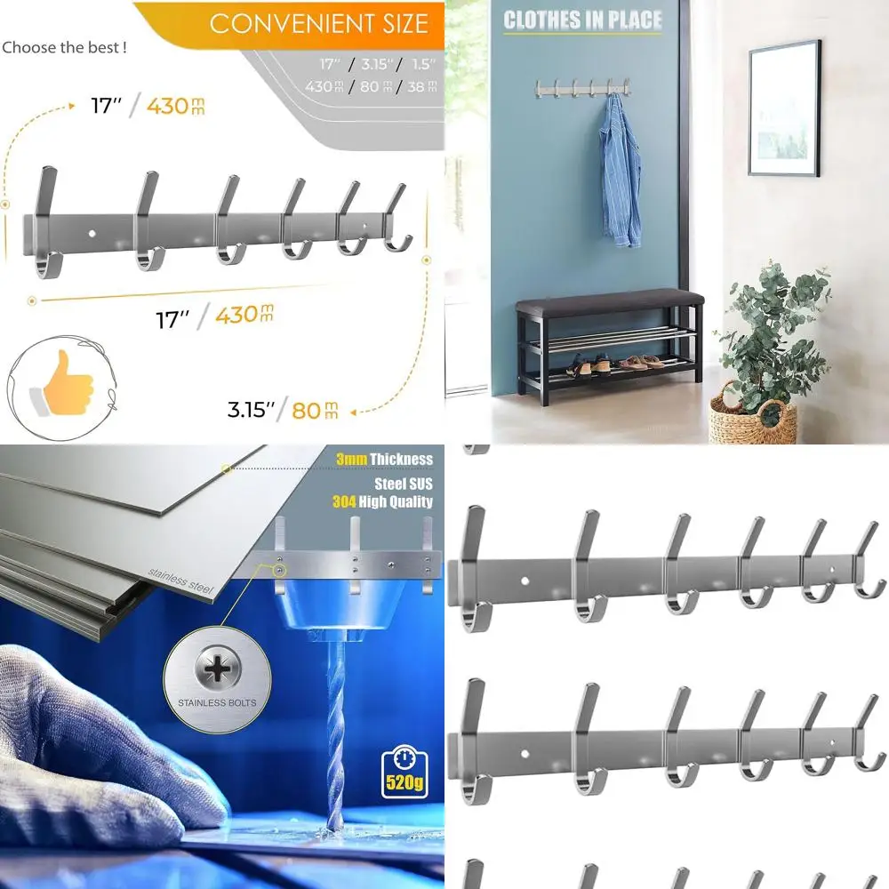 

6-Pack 17 Brushed Nickel Wall-Mounted Coat Rack with 6 Double Hooks for Home Entryway, Bathroom, and Bedroom