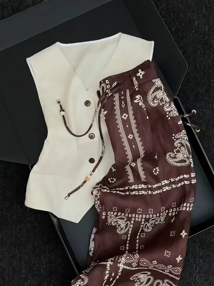 Stunning Unique Printed Vest Wide Leg Pants Two Piece Set Beautiful Faionable Summer Outfit Clete Set of 2025 Trend