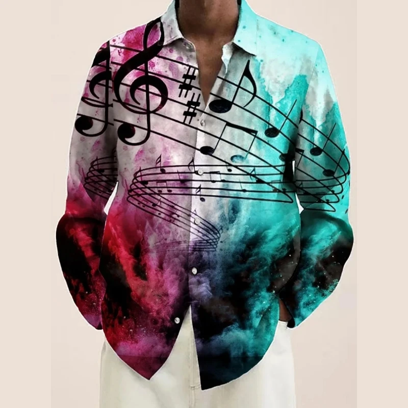 Music Series Print Men's Shirts Casual Single-Breasted Blouses Long Sleeve Shirt Streetwear Lapel Tops Trend Tops Men Clothing