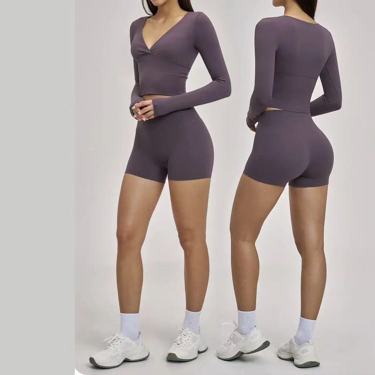 

Комплект для йоги Ningyu, комплект из 2 предметов, женский спортивный костюм, комплект для спортзала, комплект для фитнеса с длинными рукавами и глубоким V-образным вырезом, женский комплект для тренировок, шорты для бега, спортивная одежда