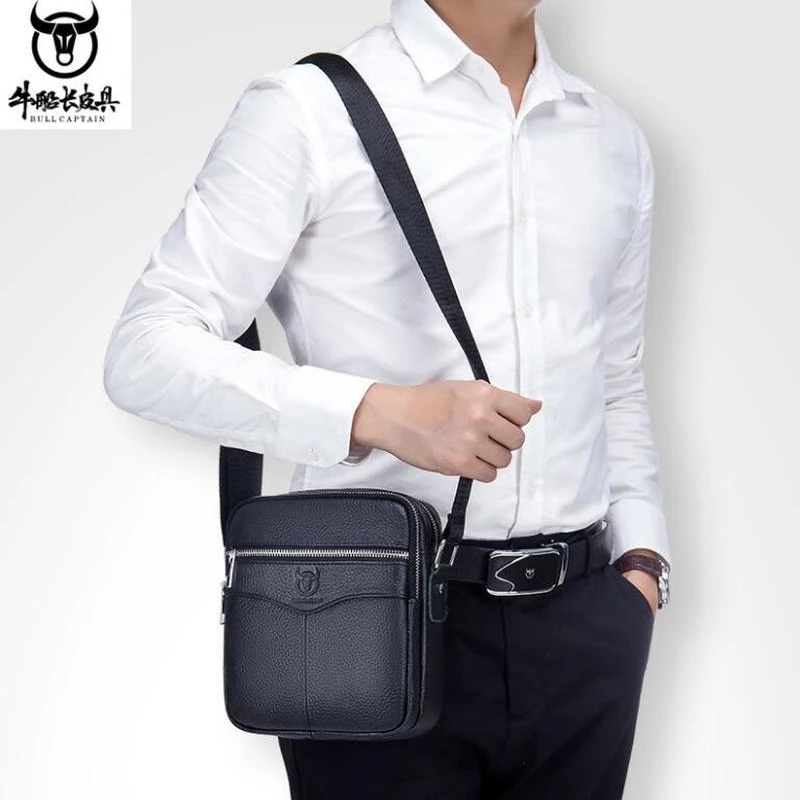 BULLCAPTAIN New 100% Genuine Leather Men Shoulder bag husband causal Crossbody Bags Small Brand double Zipper Messenger Bags