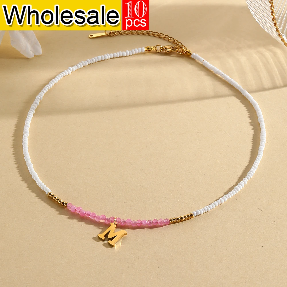 10PCS Simple Bosnian Style 26 Initials Shell Name Pink Crystal Item Alpahbet Fashion Birthday Couple Gifts Wholesale