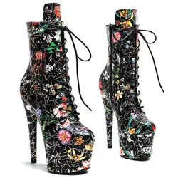Leecabe 17CM/7inches PU Upper Flower patteHigh Heel platform Boots Closed toe Pole Dance boots