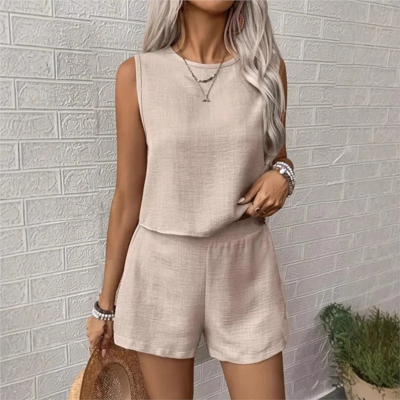 女性の夏のショーツエレガントな 2025 セクシーなノースリーブプルオーバートップとショートパンツ 2 点セット女性のファッション固体衣装セット