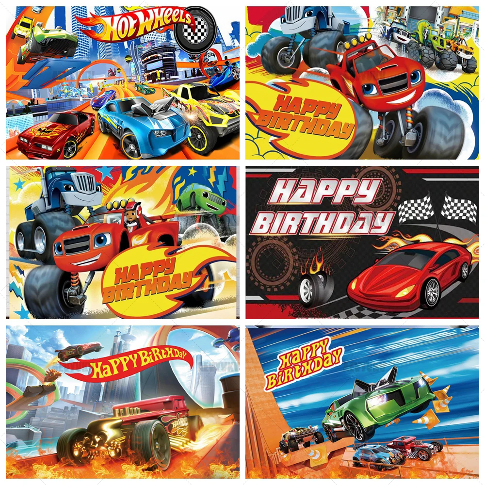 B-blaze Monster Machines Hot Wheelsed Race Track Pano de fundo com bandeira xadrez Photo Booth para meninos crianças decoração de festa de aniversário