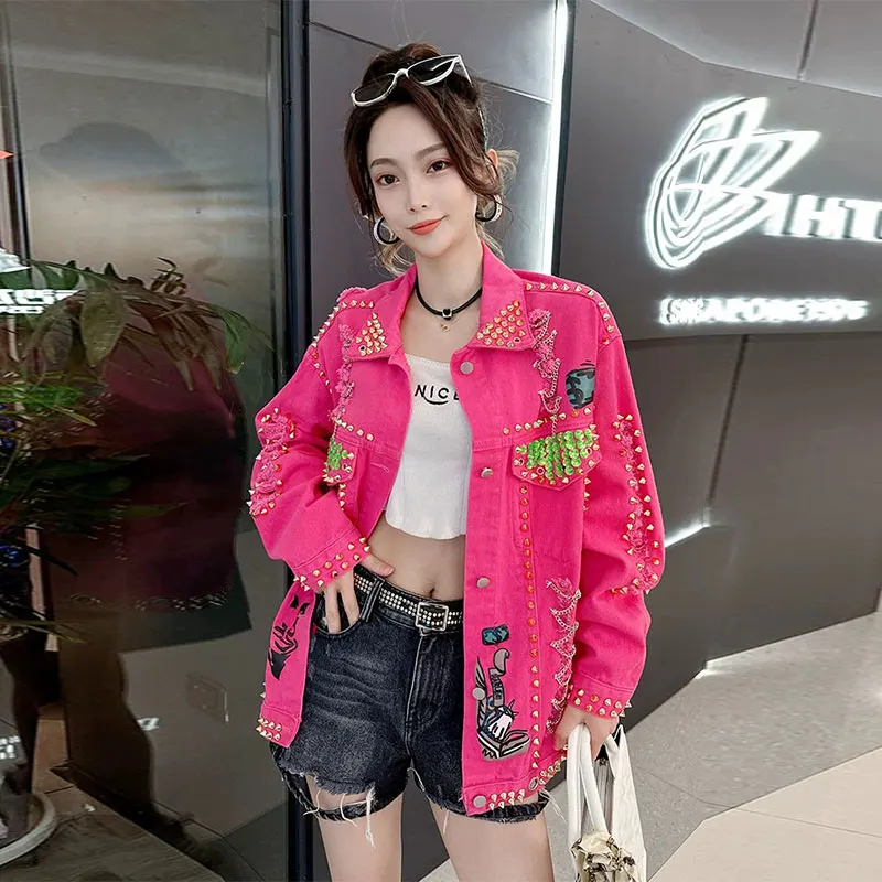 

Fashion Brand Denim Jacket For Women 2025 Summer New Loose Holes Top Sequins Pure Cotton High End Temperament Street Style Coat