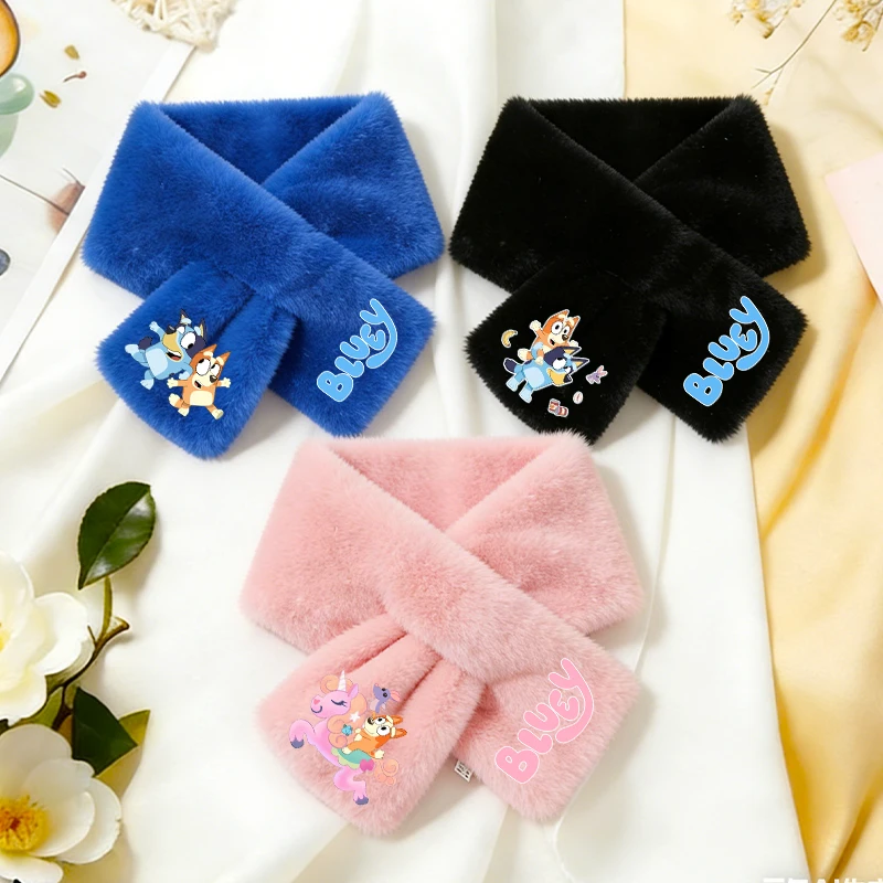 Blueye Bingo Kid Plushd Winter Warm Thicken Cross Collar Scarf Soft Comfort Girl Cartoon Cute Neck Scarve Shawl Cold Proof Scarf