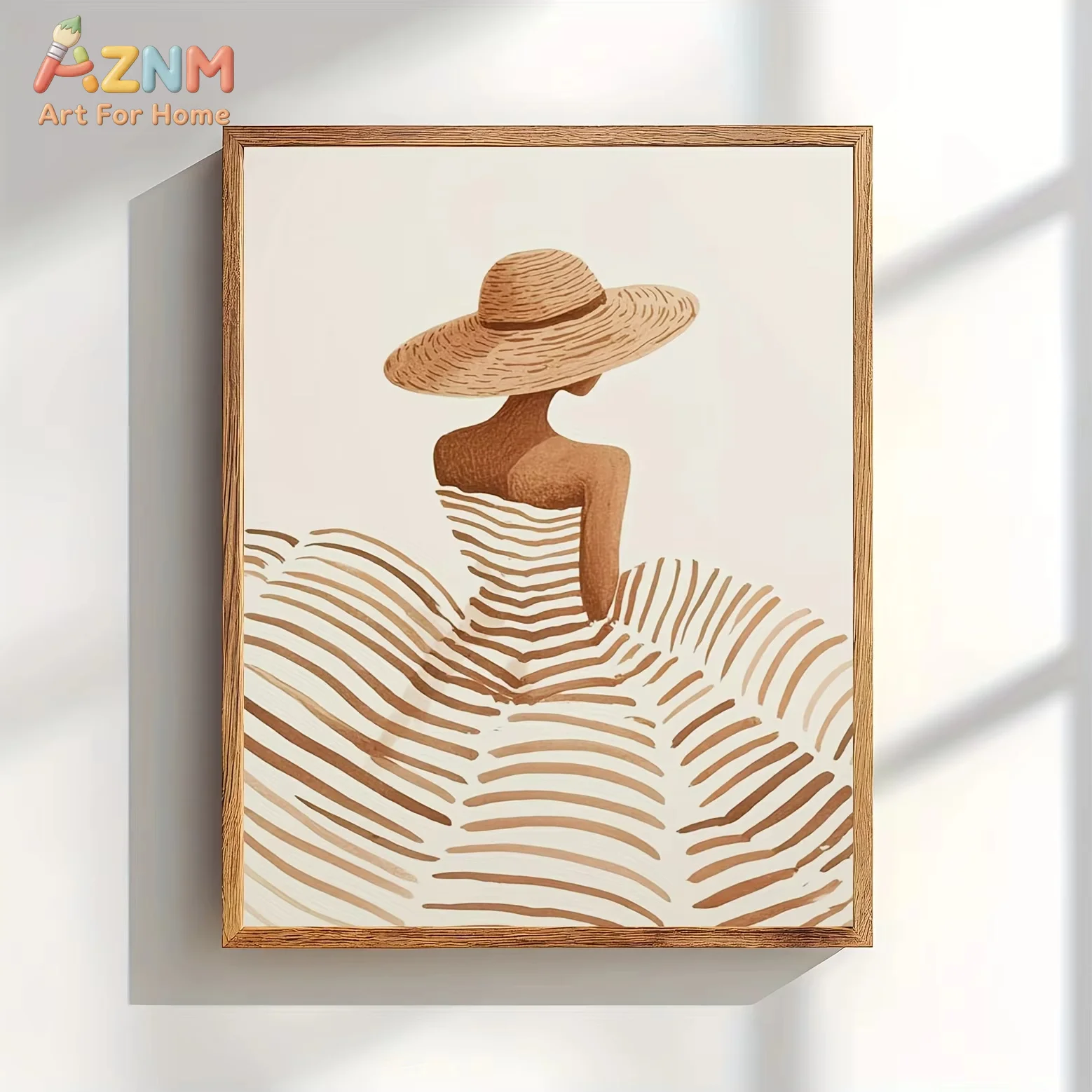 Póster minimalista de mujer con sombrero para el sol, impresión artística de pared beige bohemio neutro sin marco para decoración de dormitorio y sala de estar