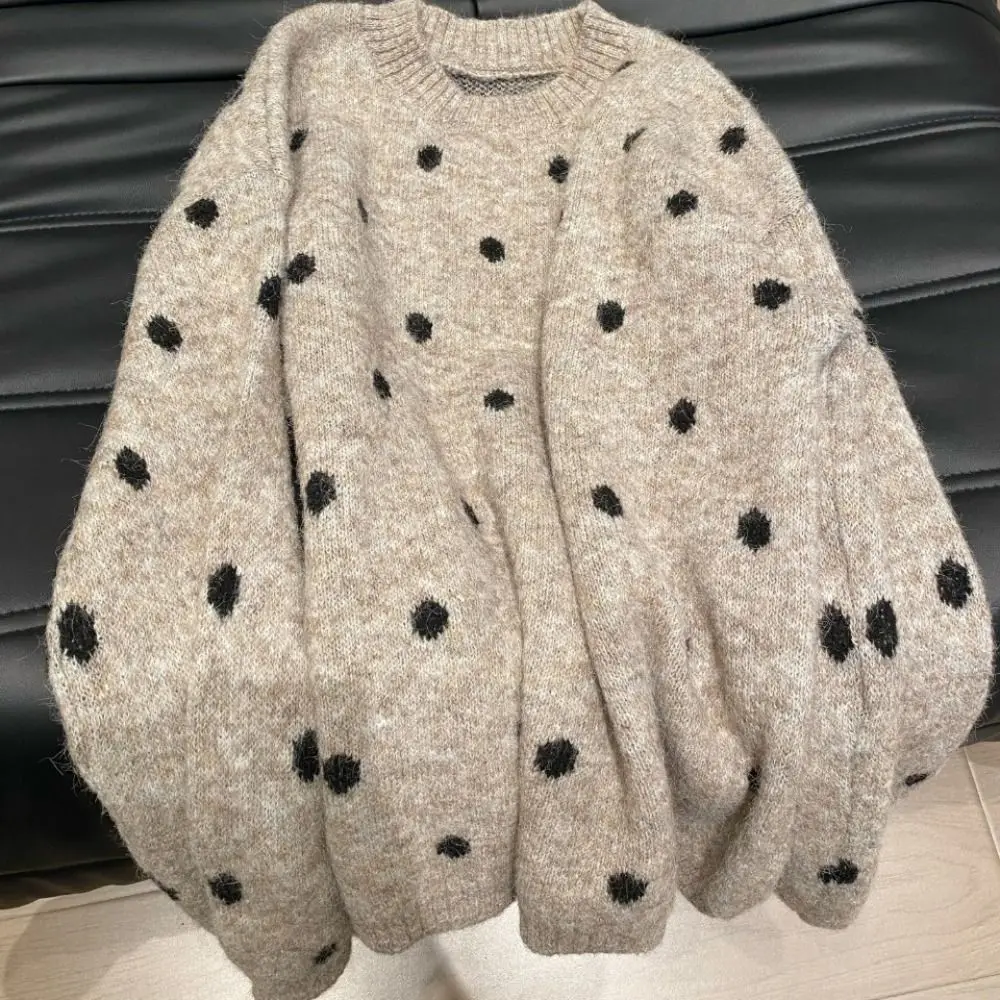 بسيطة طويلة الأكمام متماسكة سترة قصيرة الخريف لينة نقطة الكروشيه تريكو فضفاض المرأة الأعلى الحلو الفتاة البلوز الربيع/الشتاء