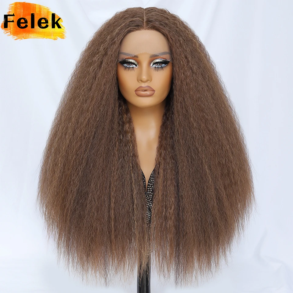 

28 Inch Synthetic Lace Front Wigs Ombre Black Brown Kinky Straight Hair Wigs Soft Fluffy Yaki Straight 13x5x1 T- Part Lace Wigs