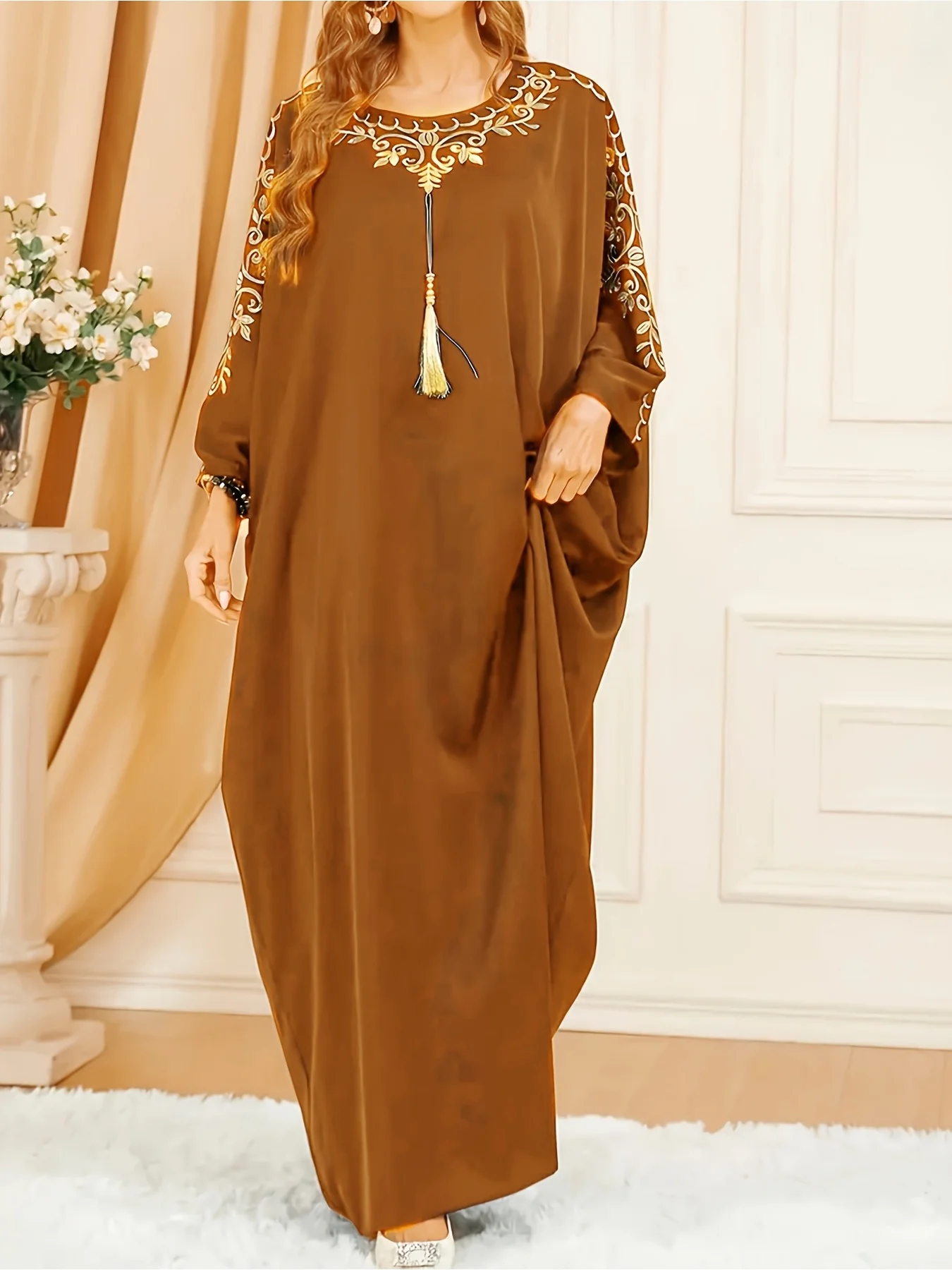 2026 Casual Women's Dress with Floral Pattern on the Sleeves, Loose-Fitting Dress, Long Dress, Suitable for Daily Travel