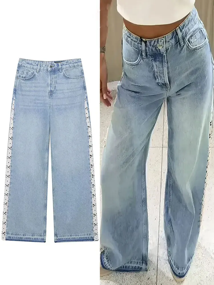 

Women's Jean Lace Hollow Out Patchwork High Waist Denim Trouser Ladies Office Commute Streetwear Woman Wide Leg Long Pant