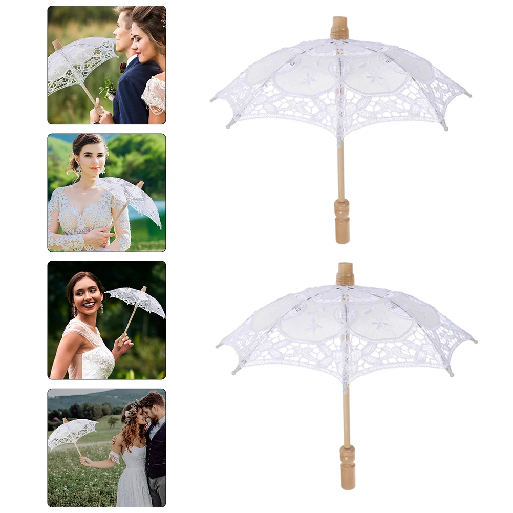 2 Pcs Prop Umbrella Victorian Decor Parasol White Lace Elegant Craft Accessories Embroidery Wedding Cotton Bride