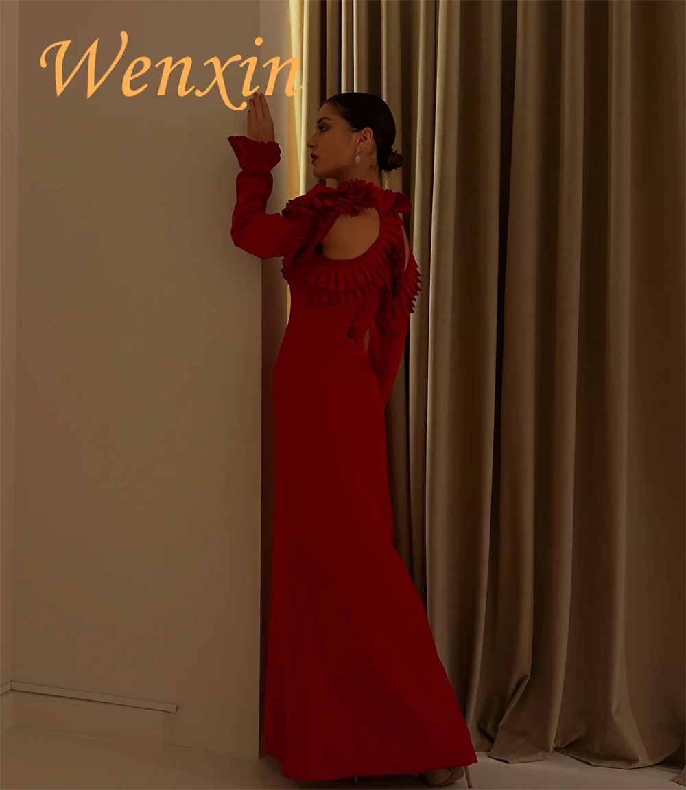Robe de soirée en Jersey rouge Simple, personnalisée, col haut, manches longues, robes de soirée, robes d'occasion spéciale