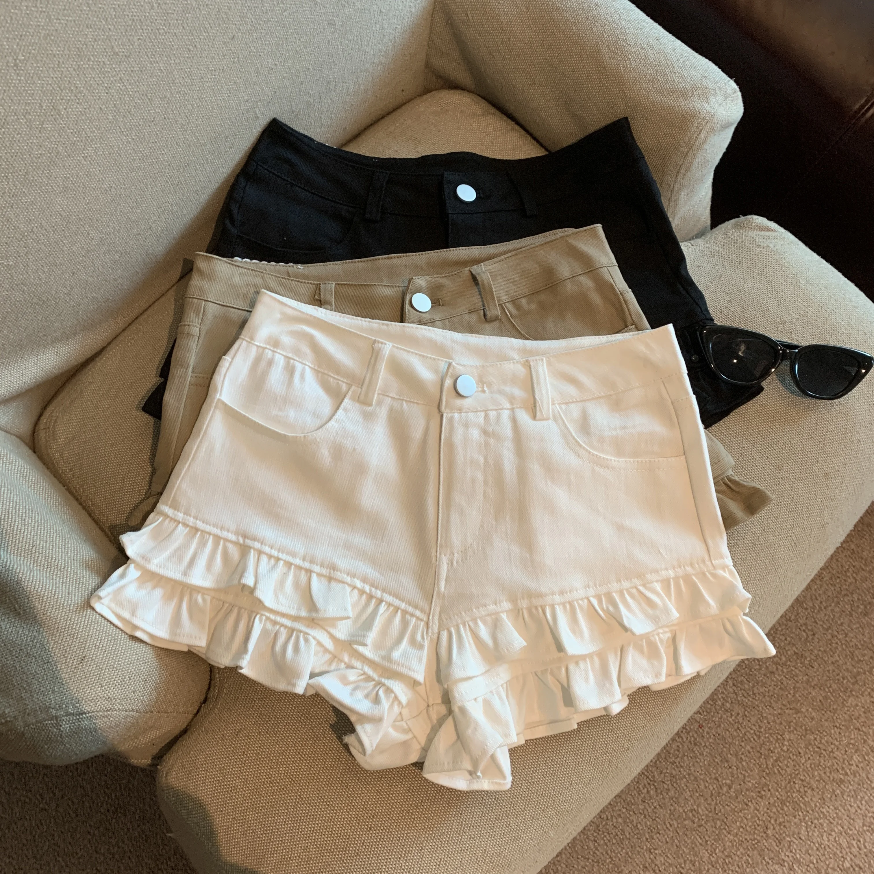 Hong Kong Style Spicy Girl Double Layer Ruffle Low Waist Denim Shorts Red A-Line Hot Pants Women Summer Slimming Shorts Skirt