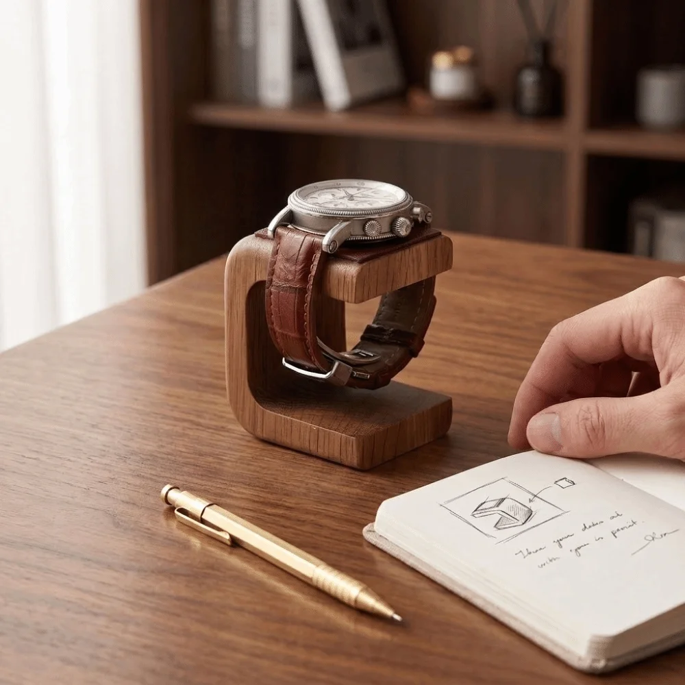 Wooden Watch Stand Gifts with Leather Pad Watch Display Stand Table Top Ornament Simple Watch Holder for Men, Women