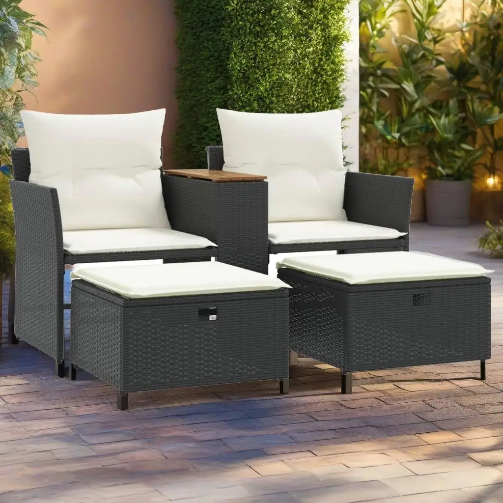 Black Poly Rattan 2-Seater Patio Sofa Set with Stools - Stylish Outdoor Seating