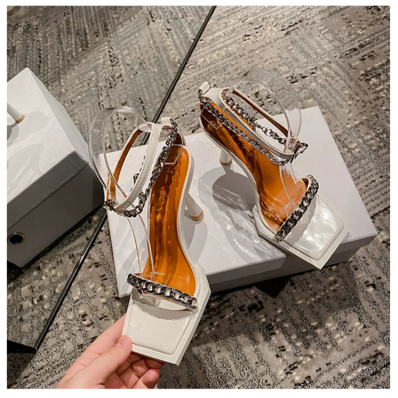 Summer new square open toe one-character metal chain sandals thin heel white patent leather dress high-heeled women's shoes
