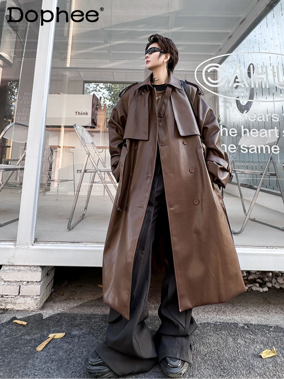 

American Retro High-end Leather Coat Men's Faux Leather Coat Loose Handsome Masculinity Trendy Long Sleeve Chic Male Trench Coat