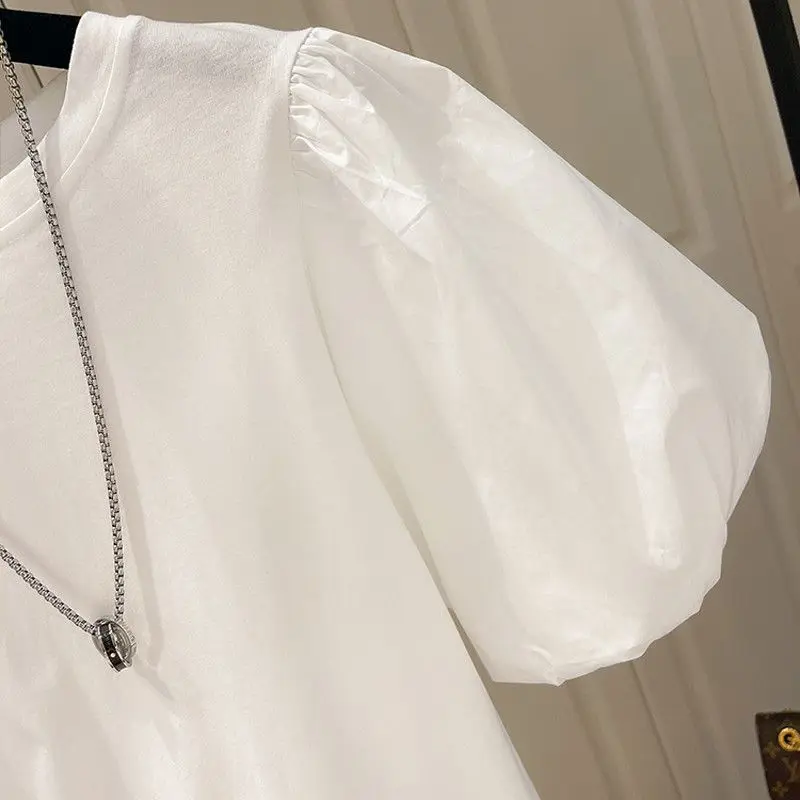 Cotton 2023 Summer New In Korean Round Neck Bubble Short Puff Sleeve T-shirt Ins Fashion Tee Lady Tops White Black tShirts