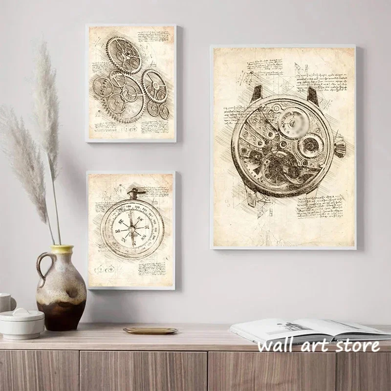 Vintage Watch Sketch Poster Gear Watch Design Manuscript Canvas Painting HD Print Modern Wall Art Picture Bedroom Decor