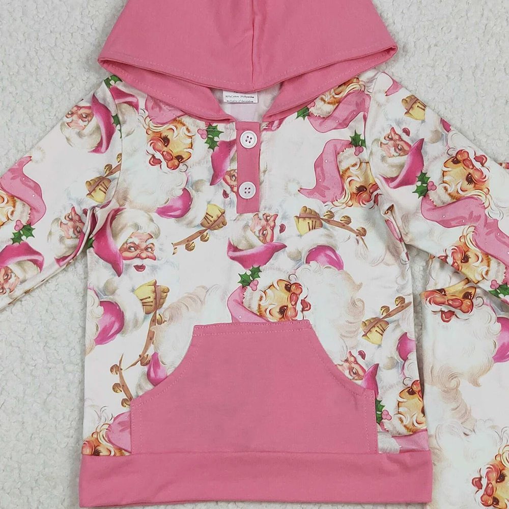 طقم ملابس بقلنسوة سانتا لعيد الميلاد الوردي للفتيات الصغيرات مع جيوب وزر وتفاصيل متطابقة للاحتفالات في العطلات