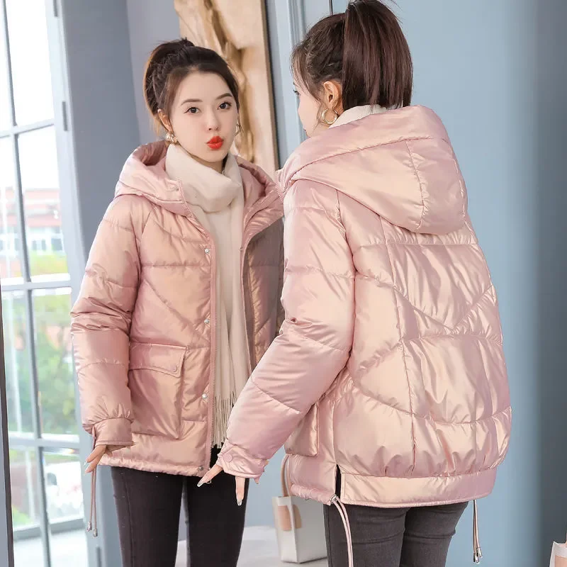 Winter Jacket Parkas Women 2023 New Glossy Down Cotton Jacket Hooded Parka Warm Cotton Padded Jacket Casual Outwear Female Tops