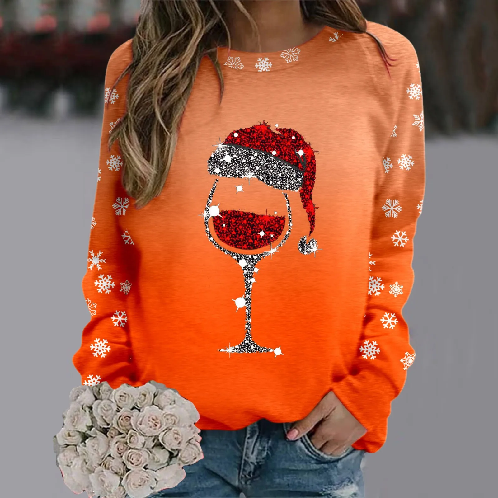 

Women's Fashion Casual Round Neck Long Sleeve Pullover Sweater New Femme Clothing Tops Christmas Print Red Wine Cup T-Shirt