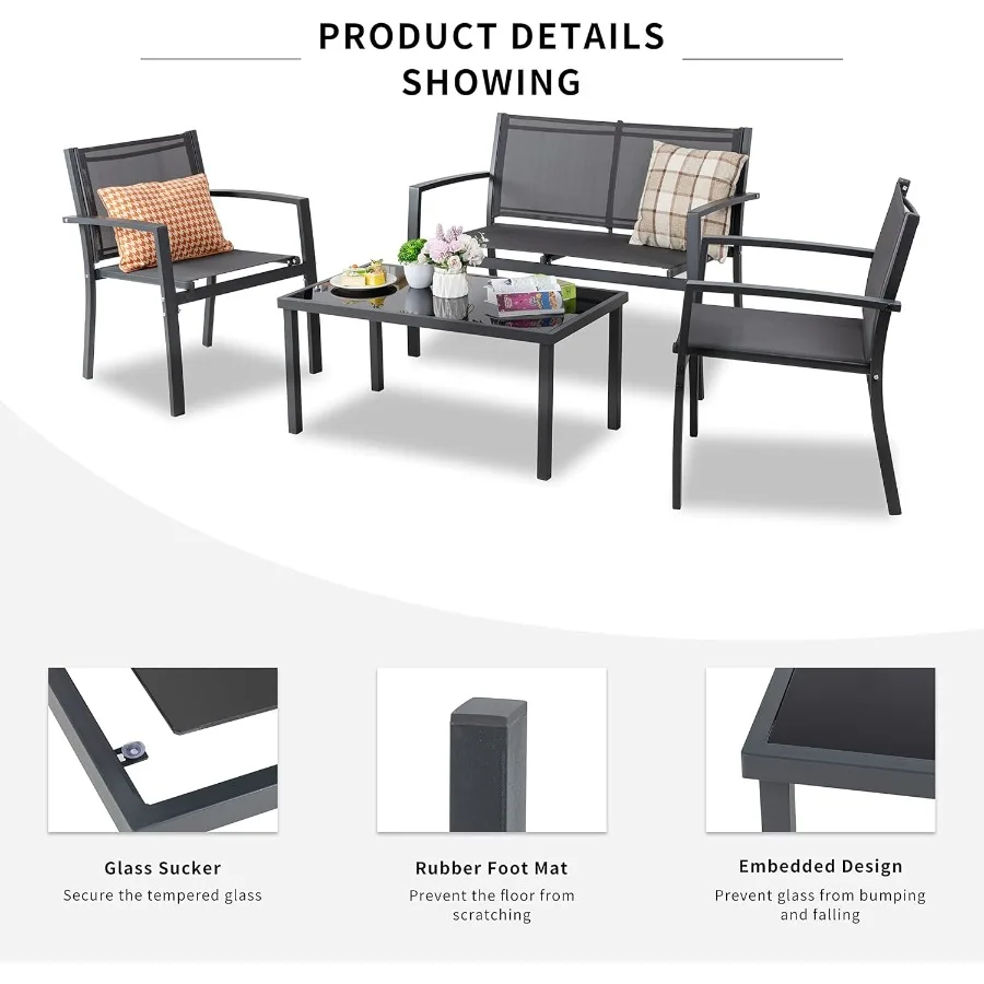 야외용 4피스 파티오 대화용 가구 세트(러브시트, 싱글 의자 2개, 유리 커피 테이블 포함)