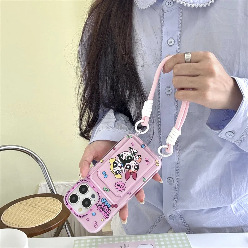 Powerpuff Girls Phone Case for iPhone 15 14 13 Pro Max 13pro 14pro 15pro Pink Cartoon Pocket Card Cover Funda