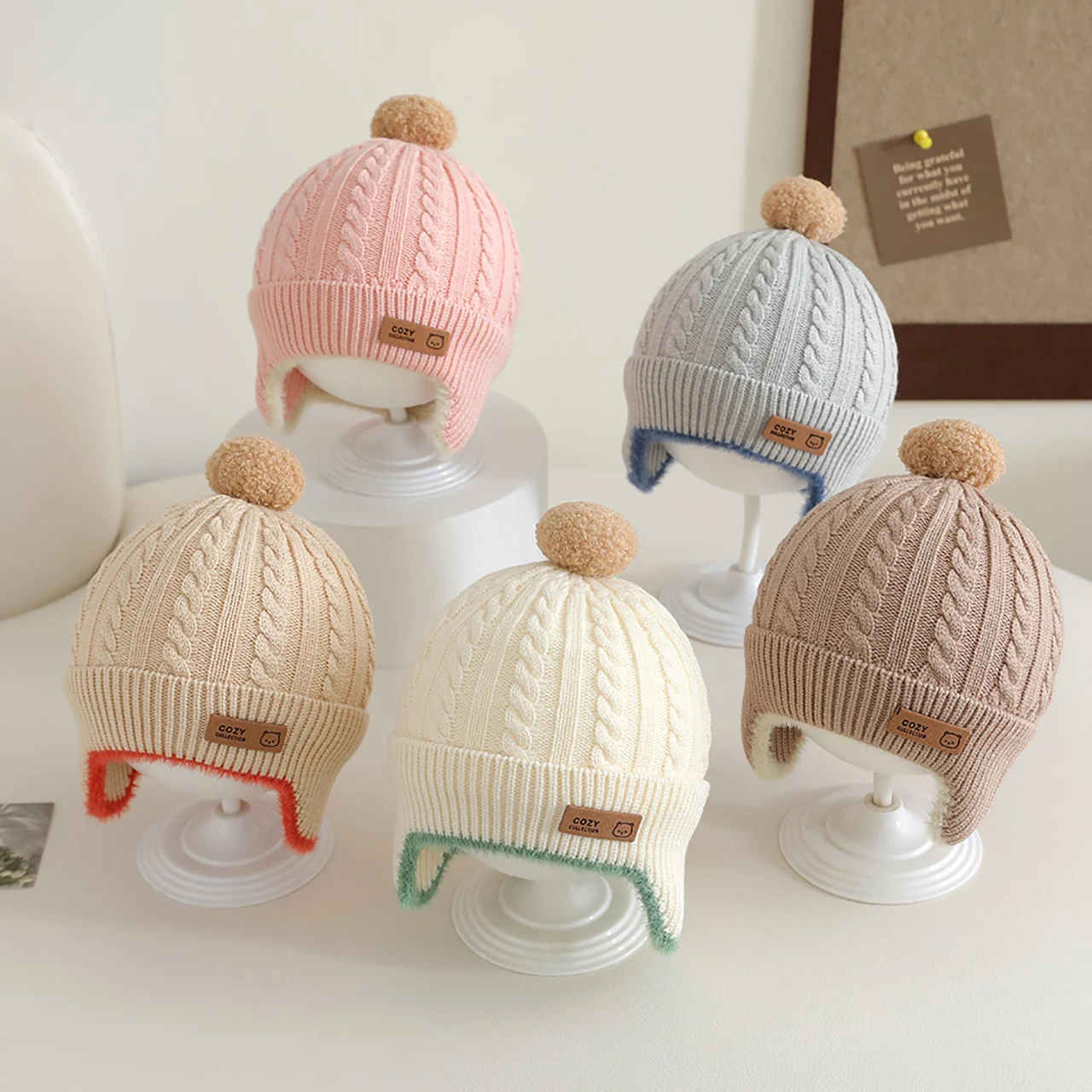 

Pompom Beanies Winter Warm Baby Earmuffs Cap Toddler Ear Protection Hat 1-3year Kids Woolen Knit Hats Fashion Children Bonnet