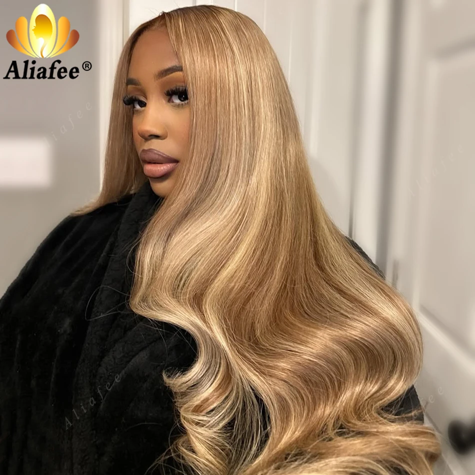 

Honey Blonde Body Wave 13x6 Transparent Lace Frontal Human Hair Wig Shiny Glossy Warm Tone Fluffy Big Wavy 100% Human Hair Wig