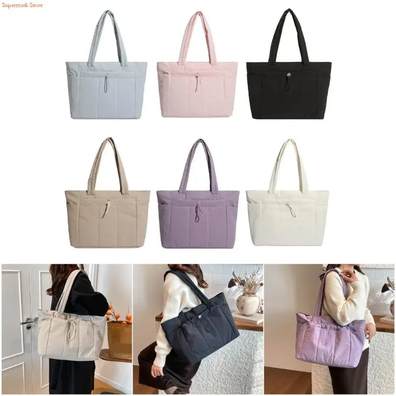 

Q5WE Puffer Bag with Cup Holder Laptop Compartment Trolley Sleeve Shoulder Bag Women Nylon Handbag for Travel Work Nurse