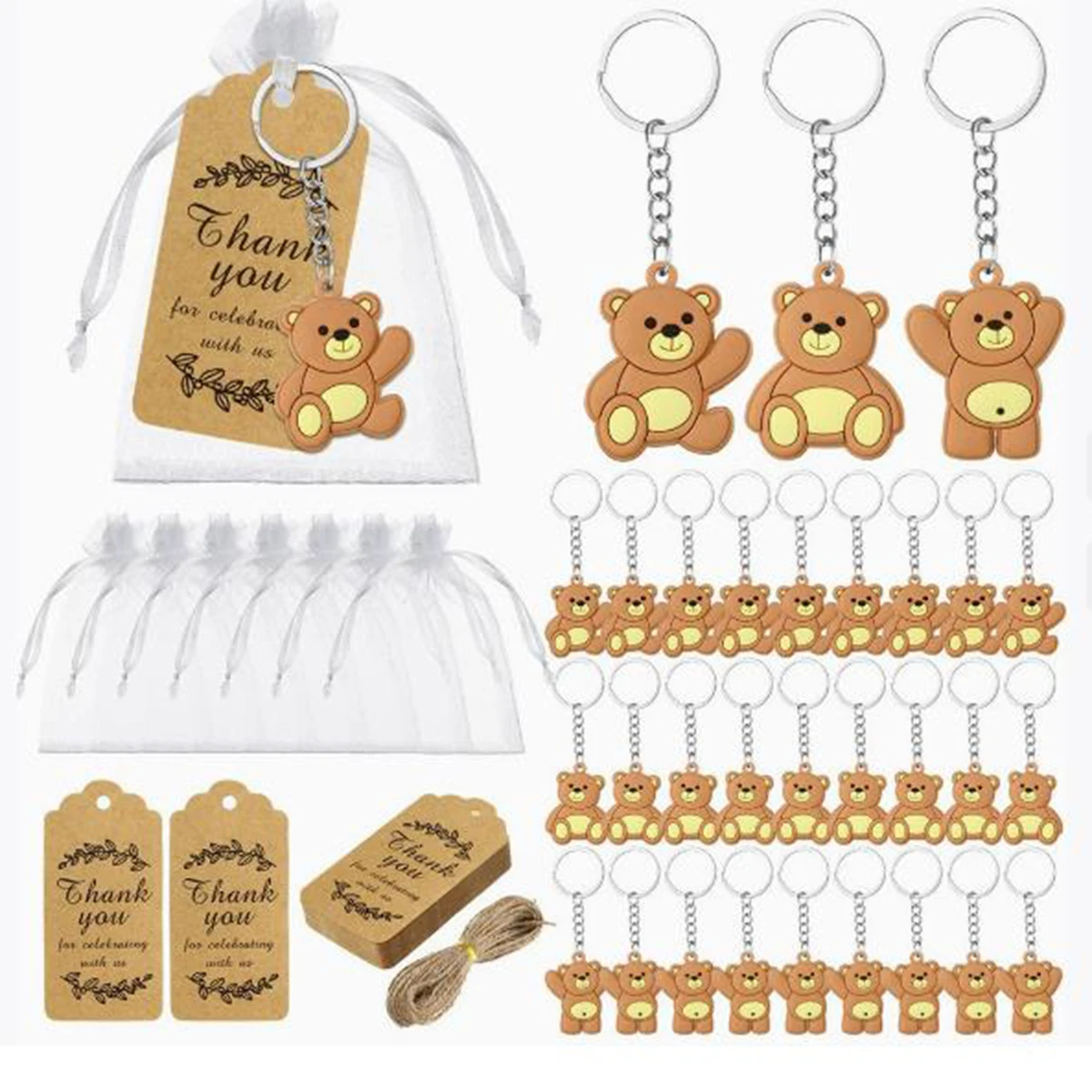 

54 new keychains including 18 teddy bear figurines, 18 labels, 18 organza bags, party thank-you gifts