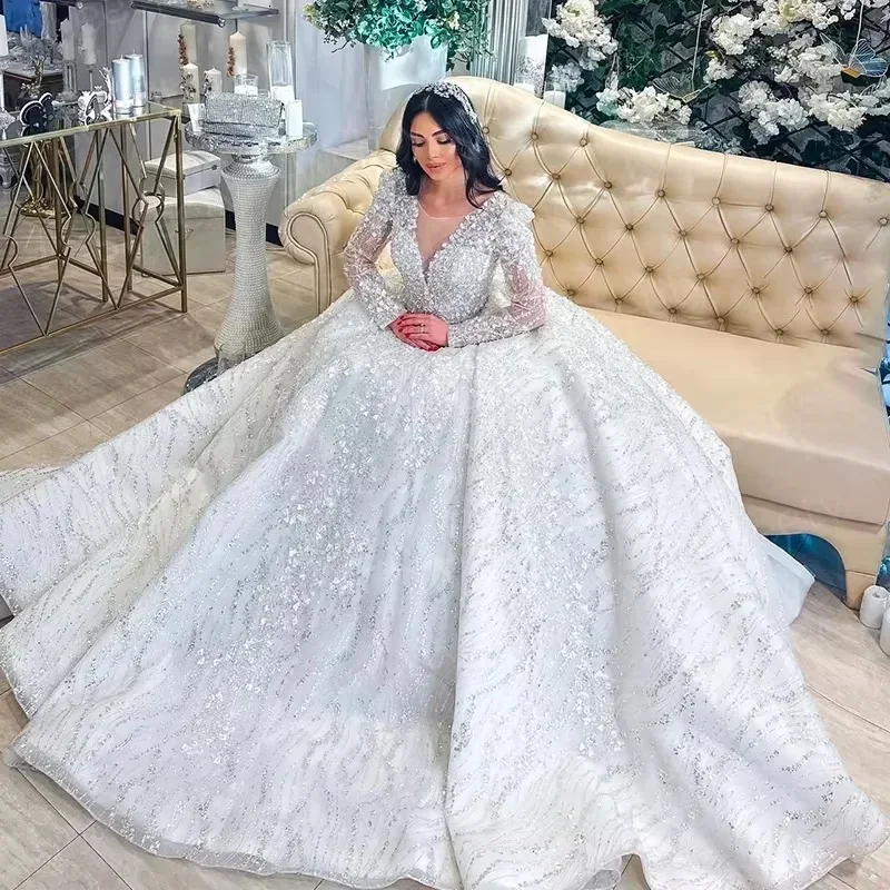 V Neck Long Sleeve Wedding Dress Heavy Beaded Sequins Ball Gown Extra Long Cathedral Train Bridal Gown Custom Made Bridal Dress