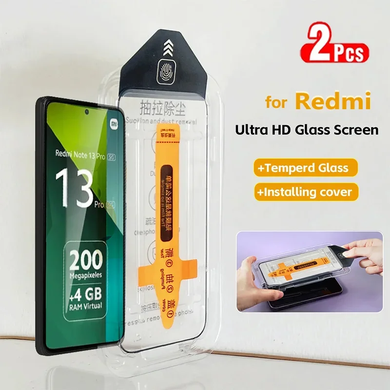 2PCS 8K Dust Free Glass For Xiaomi Redmi Note 13 12 11 Pro Plus 5G Screen Protector For Redmi 13C HD Oleophobic Coating Glass