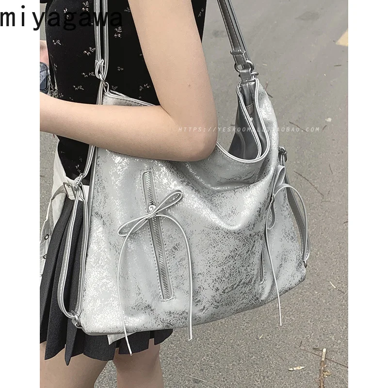 Miyagawa Korean Niche Backpack Women's 2024 New Cool Silver Tote Bags Casual Large Capacity Single Shoulder Bag Backpacks