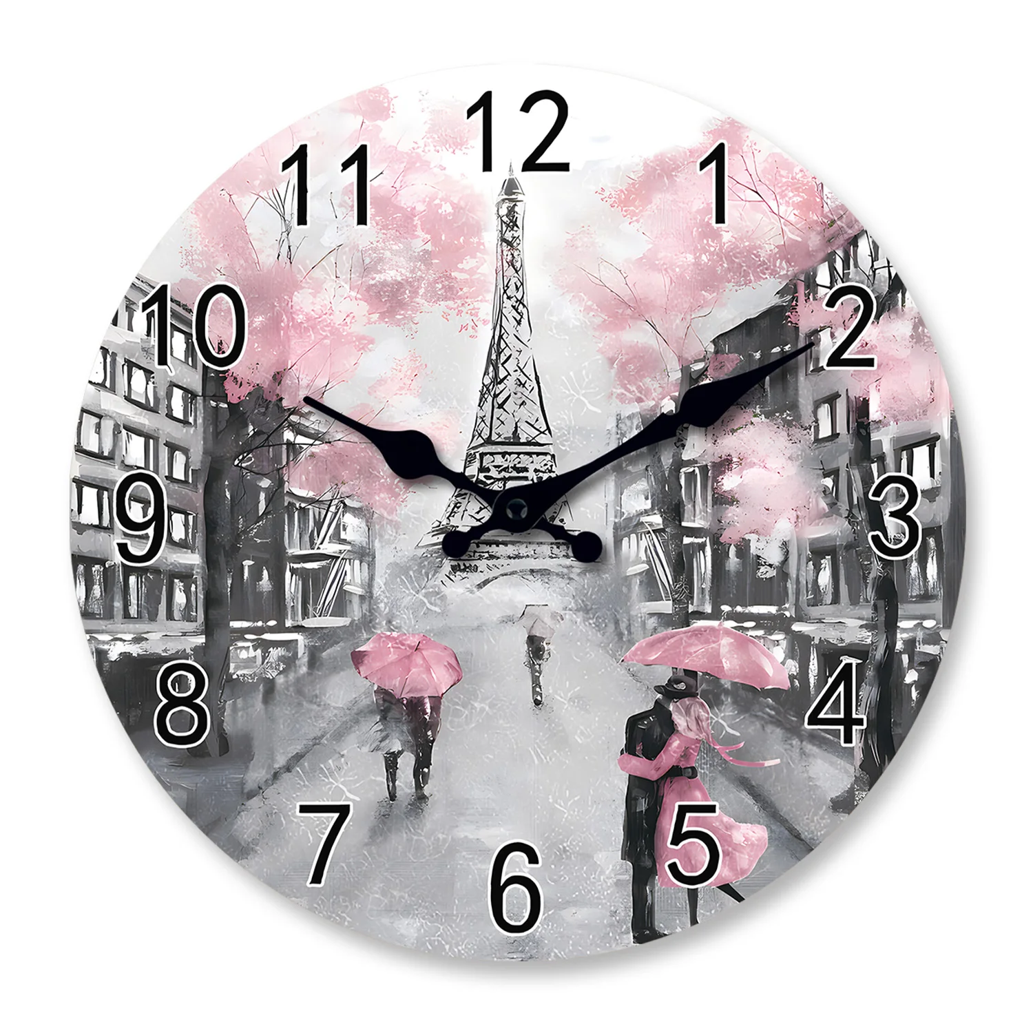 Romantische Eiffelturm-Ölgemälde-Muster Holz-Wanduhr für Wohnzimmer, Schlafzimmer, Küche, Heimdekoration, Geräuschlose Quarzuhr, Urlaubsgeschenk, 10 Zoll, 12 Zoll, 14 Zoll, 16 Zoll (Batterie Nicht